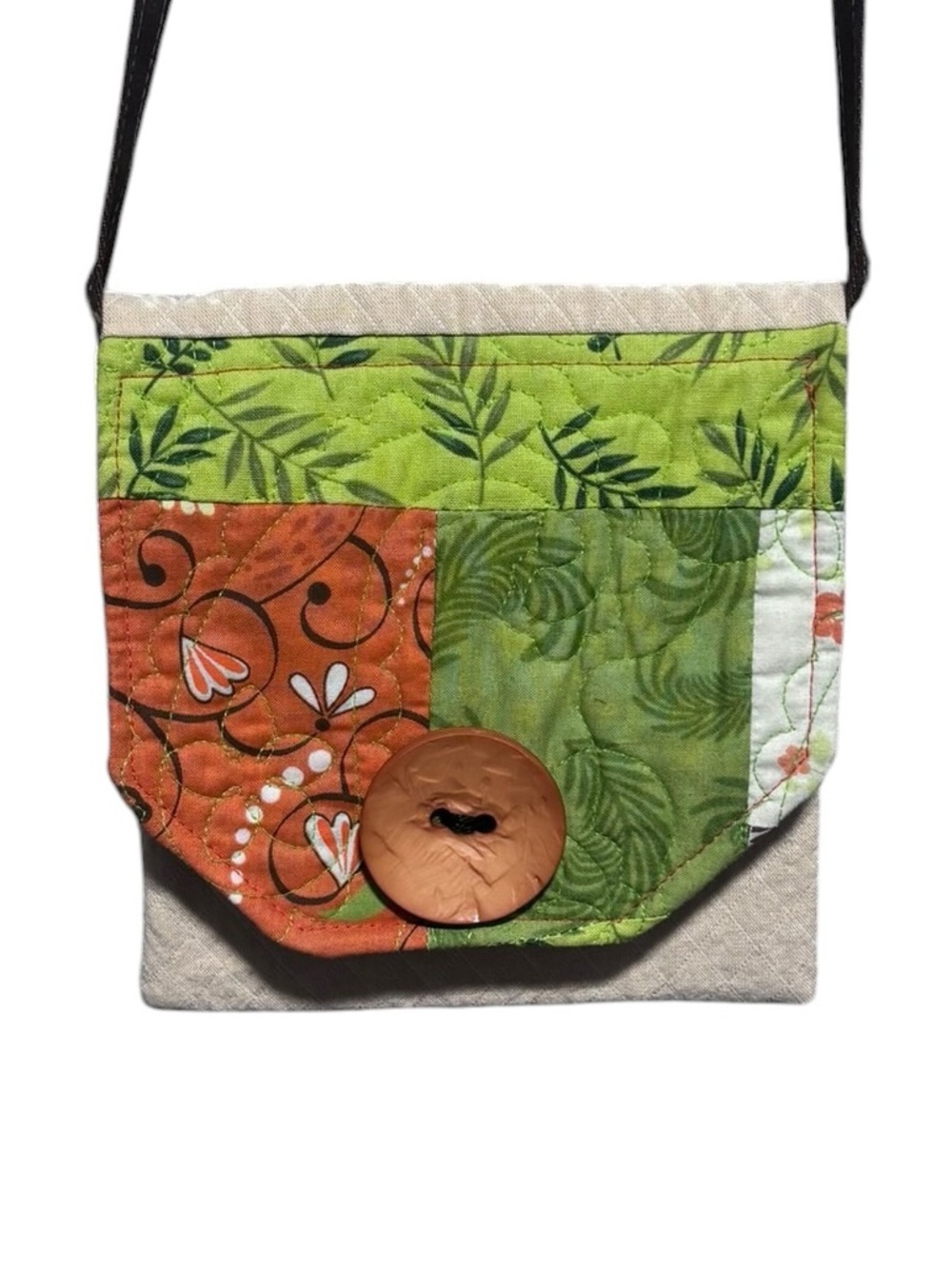 11) Quilted Patchwork Crossbody Bag in Green and Orange. NWOT
